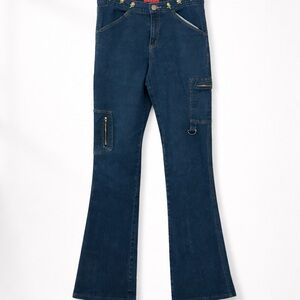 Vintage Y2K Juniors 13/14 Tall Cargo Flare Dark Blue Jeans Floral Waist